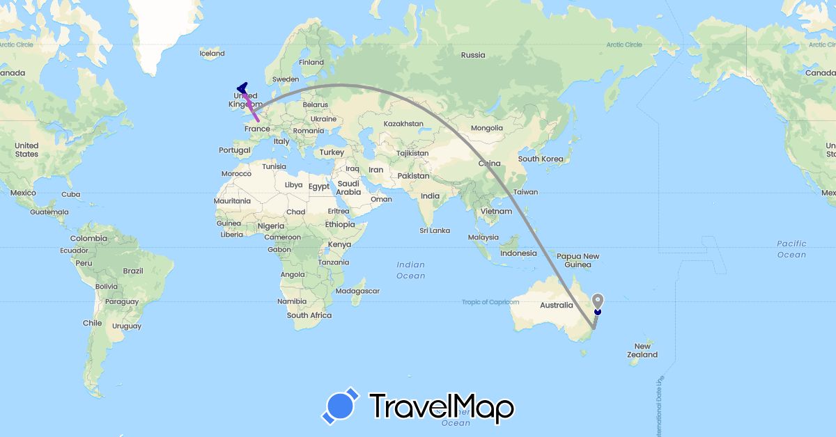 TravelMap itinerary: driving, plane, train in Australia, China, France, United Kingdom (Asia, Europe, Oceania)